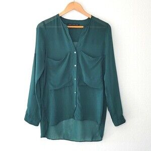 ZARA Sheer Green Button Up High Low Dressy Blouse size S Pockets